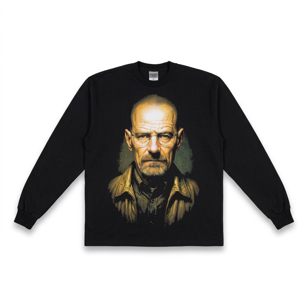 "Heisenberg" Big Face Graphic long Sleeve max heavyweight tee in black.