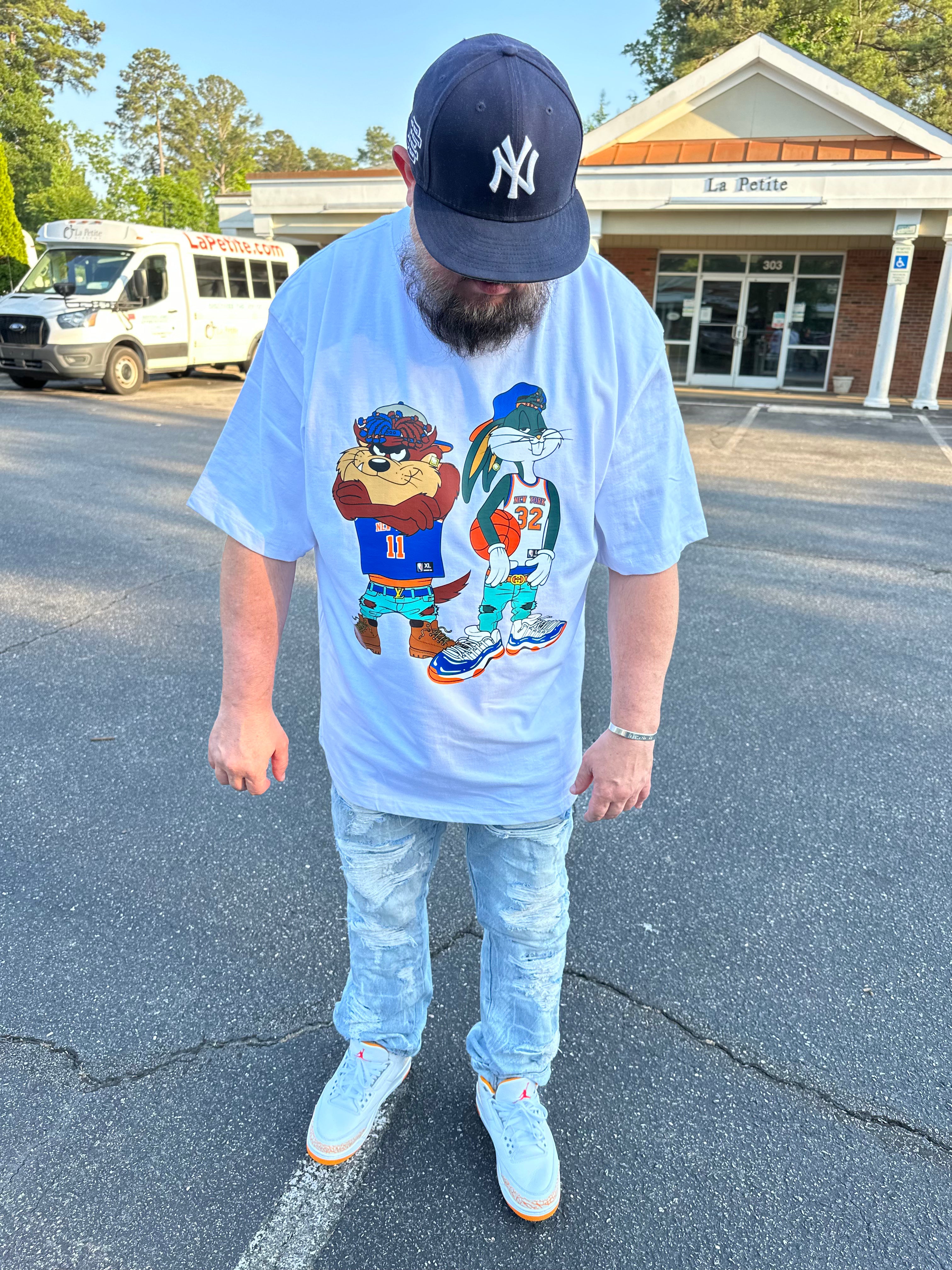 90's Style Bugs And Taz Graphic Knicks Unisex T Shirt! in White!
