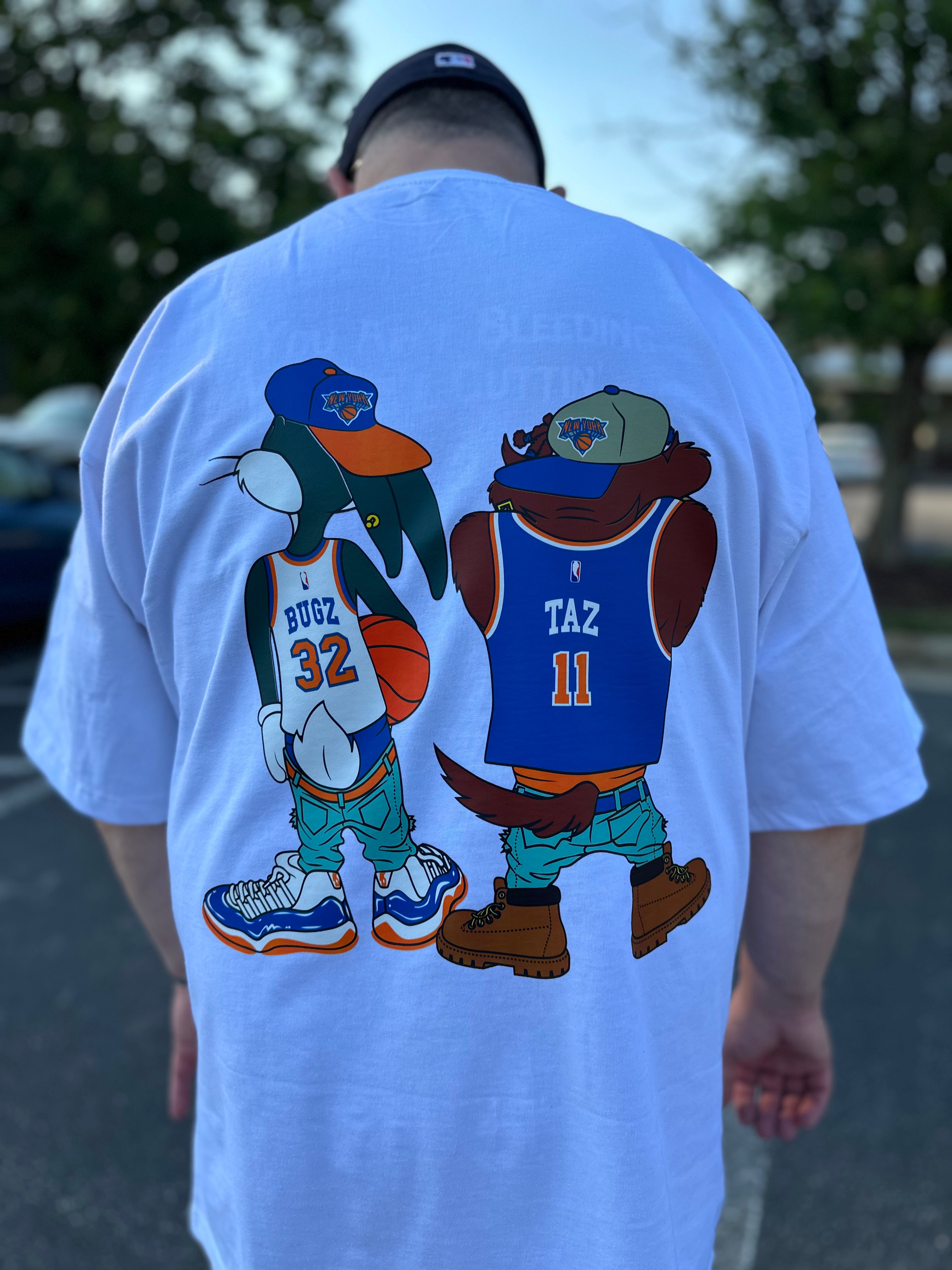 90's Style Bugs And Taz Graphic Knicks Unisex T Shirt! in White!