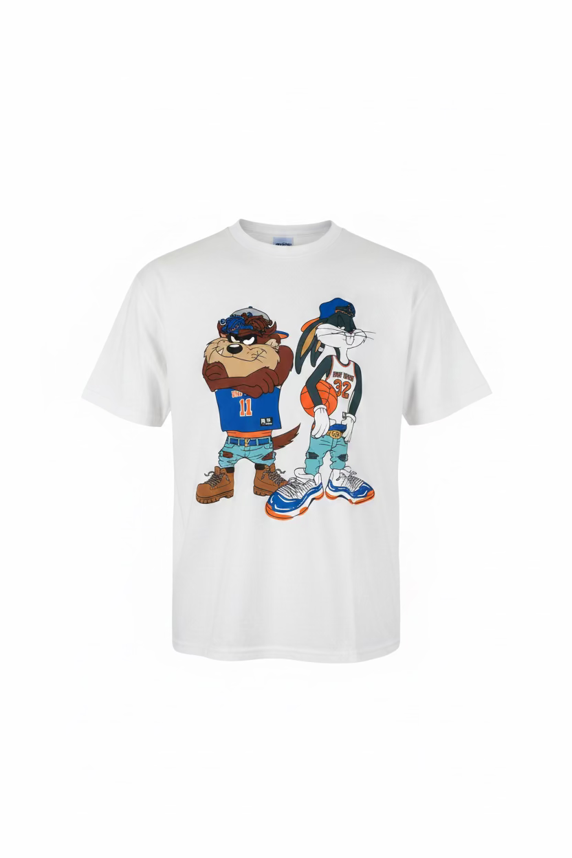 90's Style Bugs And Taz Graphic Knicks Unisex T Shirt! in White!